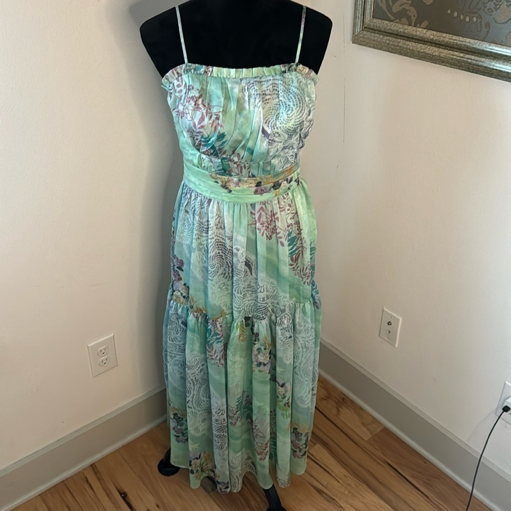 SLINE floral print pleated tiered‎ midi dress Sz M spaghetti straps